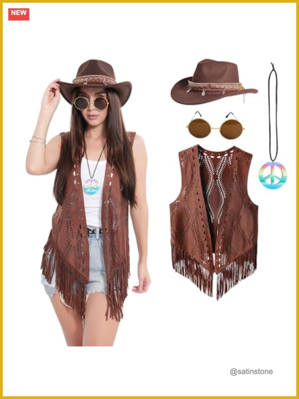 Hippie Costume Set Faux Suede Fringe Vest Hat Sunglasses Necklace